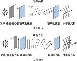 液晶 VOA 加電前后分子排列對比，展示偏振調(diào)控原理