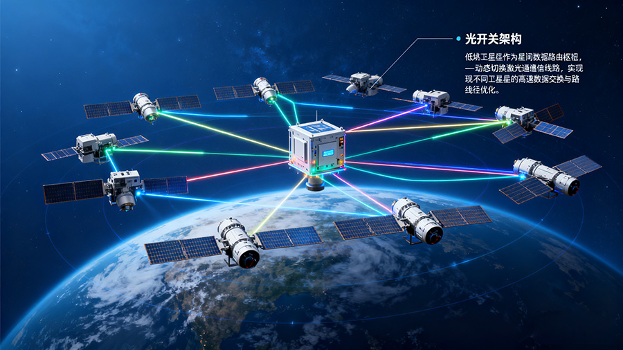 低軌衛(wèi)星星座光開關(guān)部署架構(gòu)，展示光開關(guān)在星間組網(wǎng)中的關(guān)鍵作用