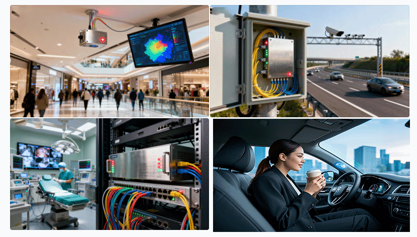 光開關(guān)在室內(nèi)定位、智能交通、醫(yī)療通信等典型場景示意圖 - 廣西科毅