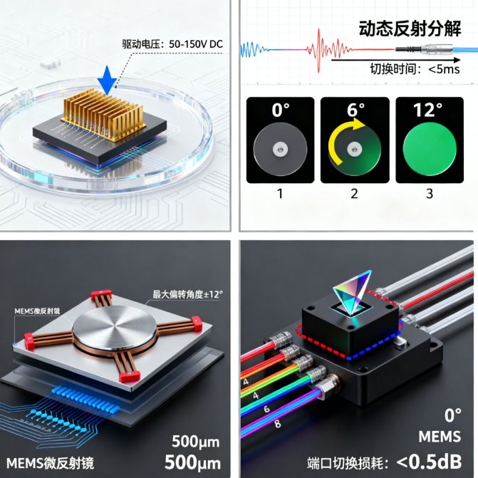 MEMS光開關(guān)工作原理靜電驅(qū)動(dòng)微反射鏡光路切換光通信